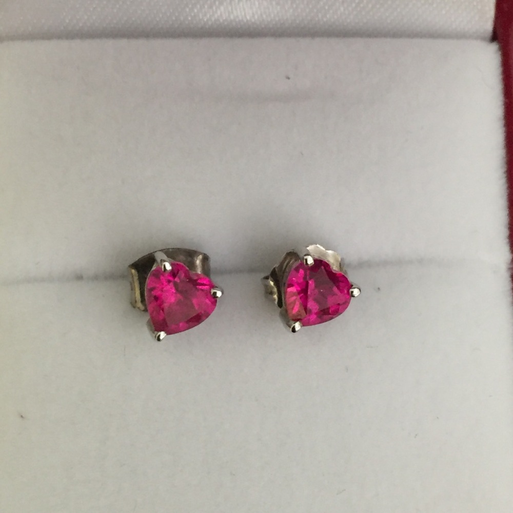 Sterling Red Ruby Heart Stud Earrings - image 2